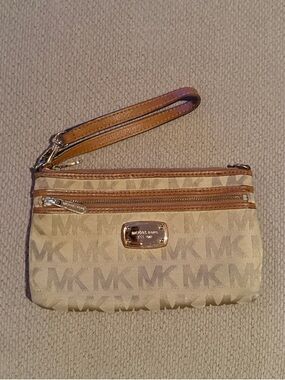 Michael Kors Beige Logo Wristlet with Tan Trim